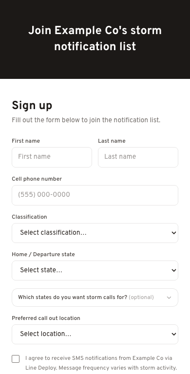 A company's worker signup page on a phone